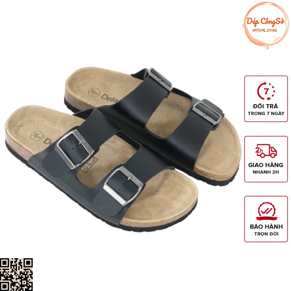 Dép Quai Ngang 2 Khóa Đế Trấu Nam Nữ Màu Đen - Bảo Hành 06 Tháng Full Box Detaunisex Mã DETA21D