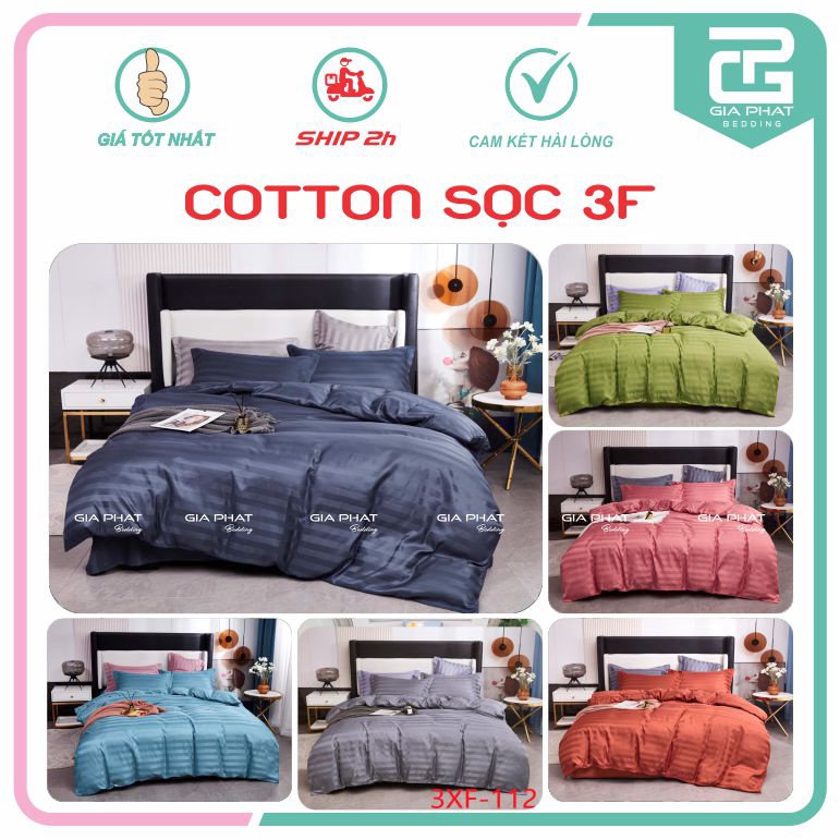 Bộ Chăn Ga Gối Cotton Lụa Sọc 3F Cao Cấp Khách Sạn, Decor phòng ngủ 5 món ( 1 mền+1 Ga bọc+1 áo ôm+2 áo nằm)