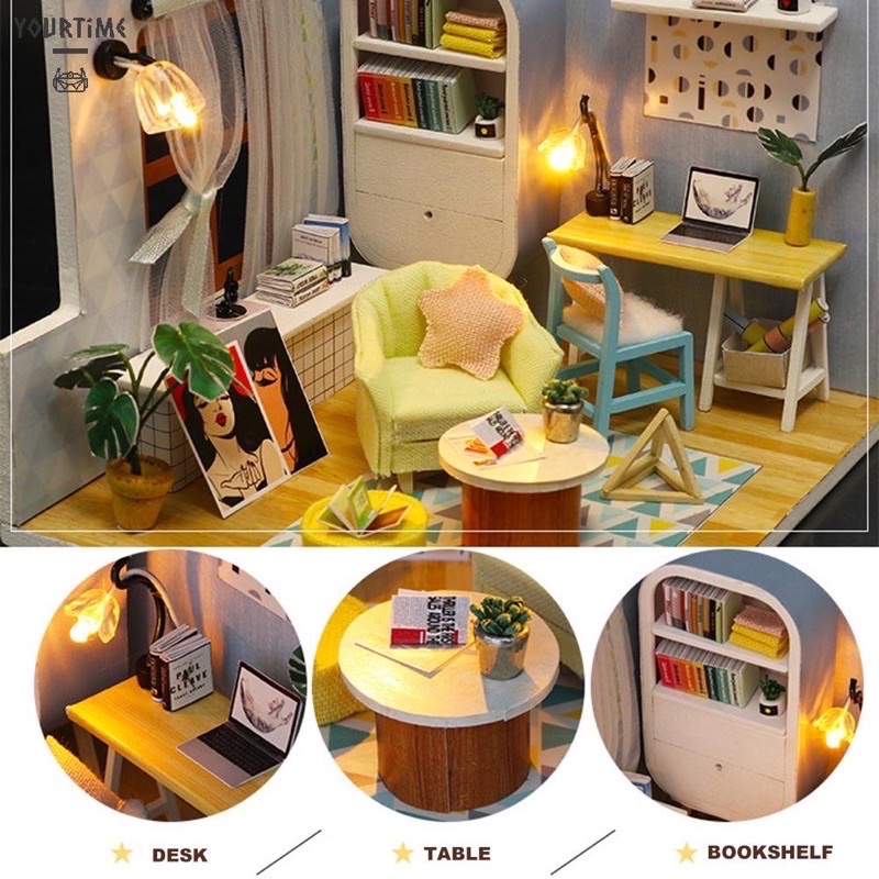 (Tặng mica,keo sữa,đèn)Mô hình đô chơi doll diy house nhà gỗ tự lắp ráp S903