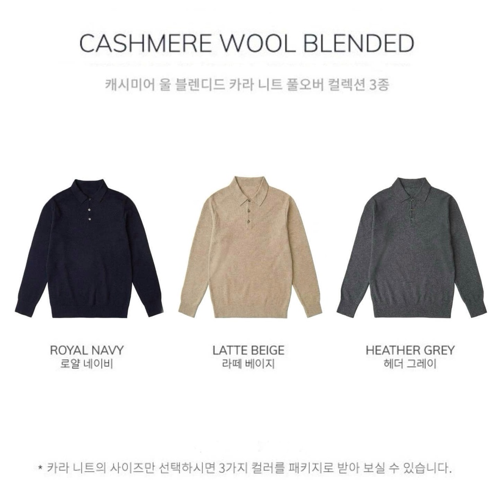 Áo polo len dài tay Cashmere một màu Navy hàng xuất Hàn