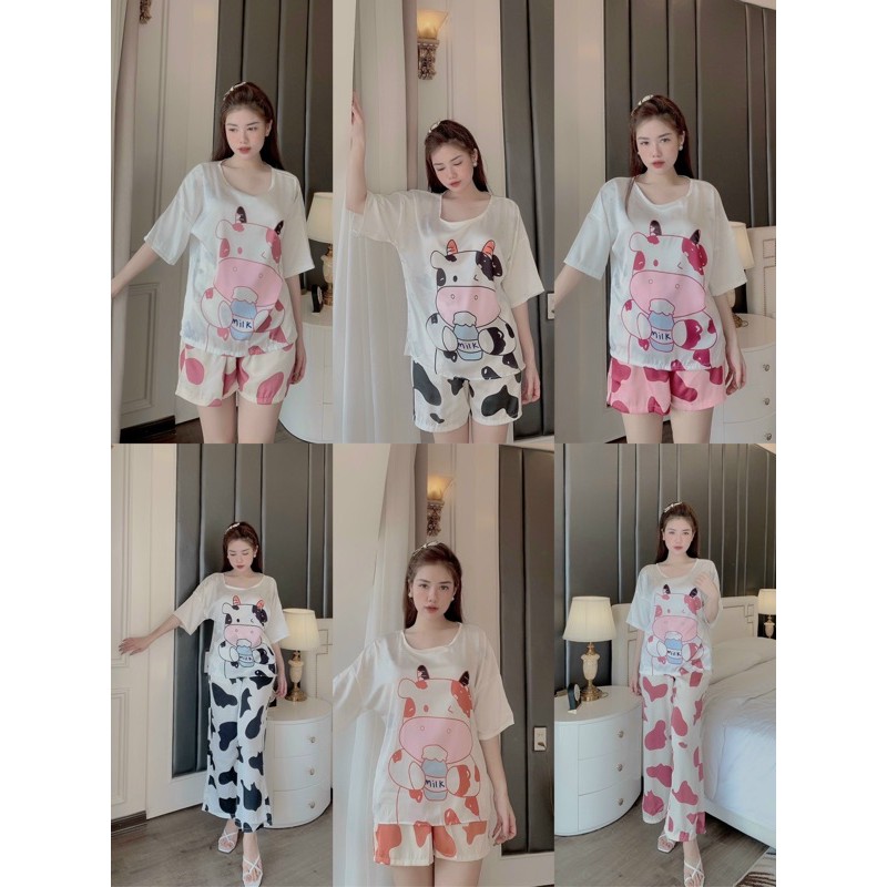 Bộ Ngủ Bò Sữa Cute - Bộ Ngủ Lụa Tơ Cao Cấp Mịn Mát