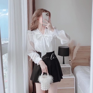 Áo sơ mi tơ cổ nơ bèo ren