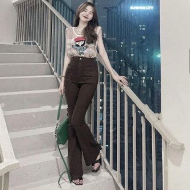 Quần bò jean nâu cạp cao ống loe siêu hot L1 pl ql