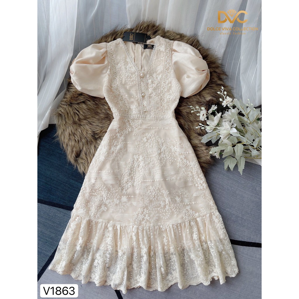 Váy ren xòe thiết kế V1863 - Đẹp Shop DVC - Kèm ảnh thật trải sàn do shop tự chụp | BigBuy360 - bigbuy360.vn