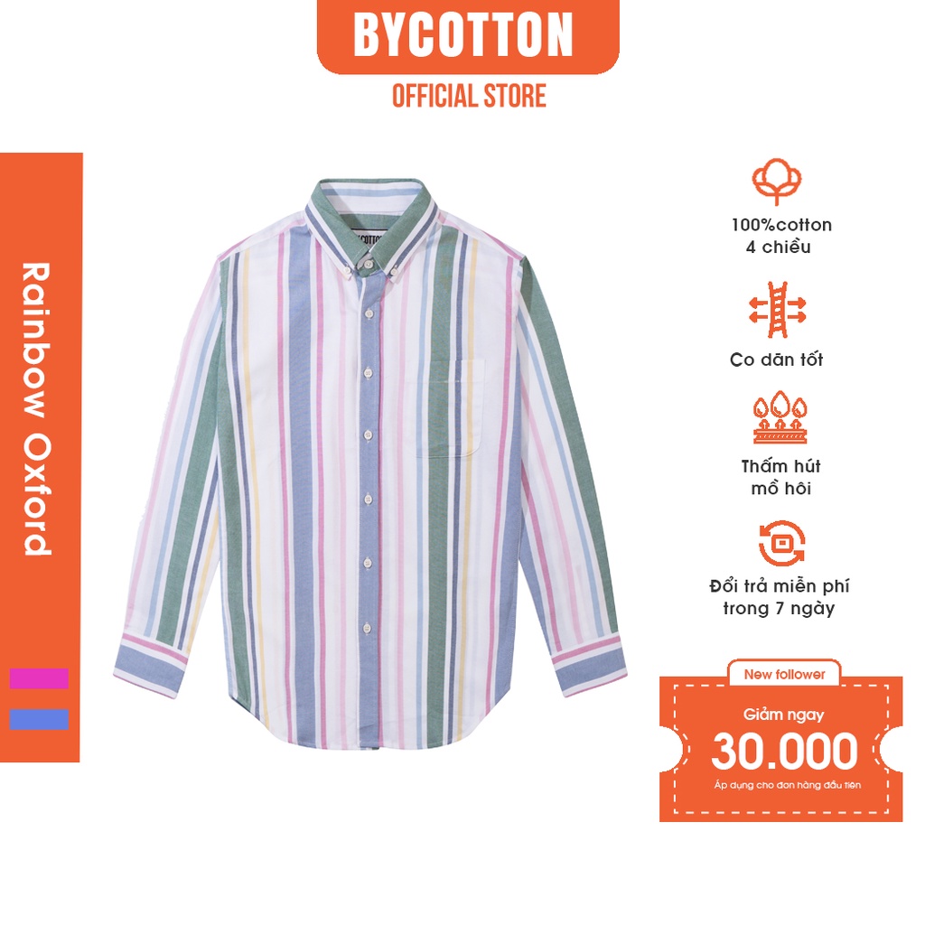 Áo Sơ Mi Nam Dài Tay Trắng Phối Sọc Cầu Vồng BY COTTON Oxford Rainbow Shirt