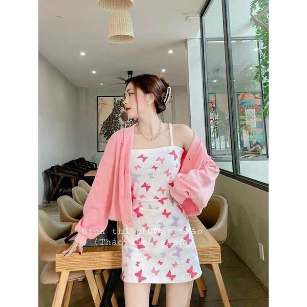 Set Ba Món Áo Hai Dây Croptop - Chân Váy A  Kèm Áo Khoác hoạ tiết bướm 🦋🦋🦋🦋Ma:N97789