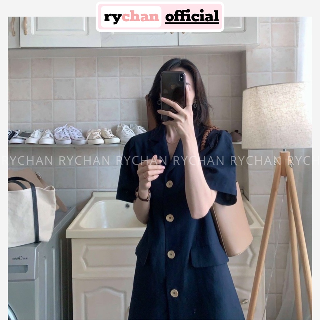 Đầm Nữ Đi Cafe Với Bạn Cổ Sơ Mi Nút Trước Có Túi Cực Năng Động Màu Xanh Đậm - DX9809