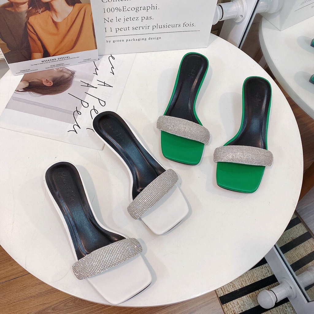 Guốc dép cao gót 3p bản ngang đính đá hàng chuẩn cao cấp sang trọng lên chân tôn dáng - Chi Chanh Store