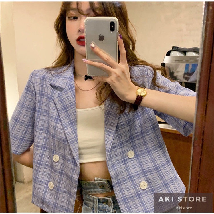 Áo Khoác Blazer Tay Ngắn Dáng Rộng Họa Tiết Sọc Caro Thời Trang Mùa Hè Phong Cách Hàn Quốc 2021 | BigBuy360 - bigbuy360.vn