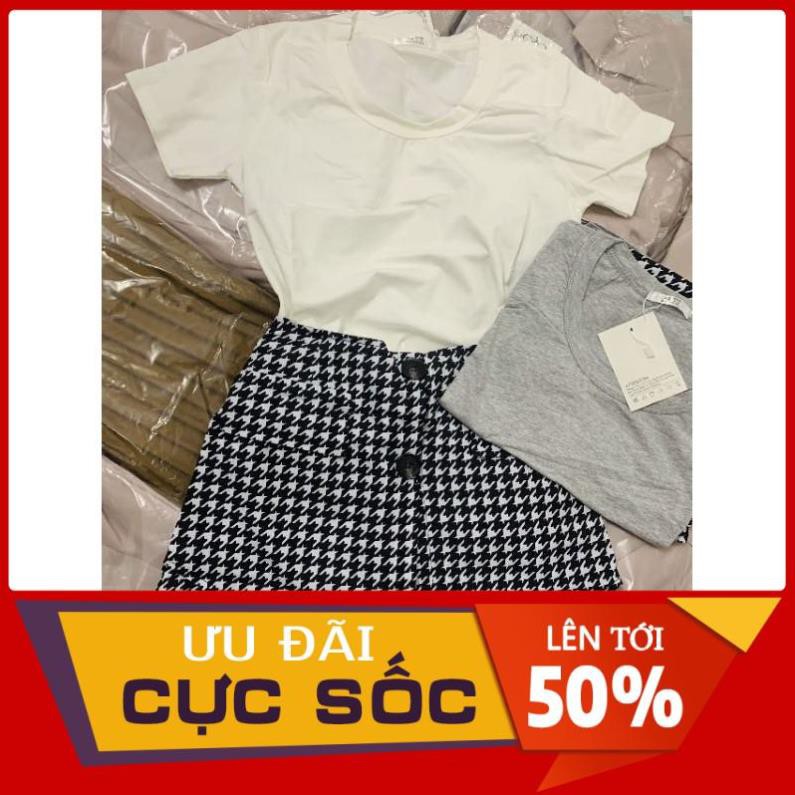 [ 𝐅𝐑𝐄𝐄 𝐒𝐇𝐈𝐏 ] SET ÁO THUN CỔ U MIX CHÂN VÁY CARO TÚI LỆCH 2 MÀU TRẮNG - XÁM