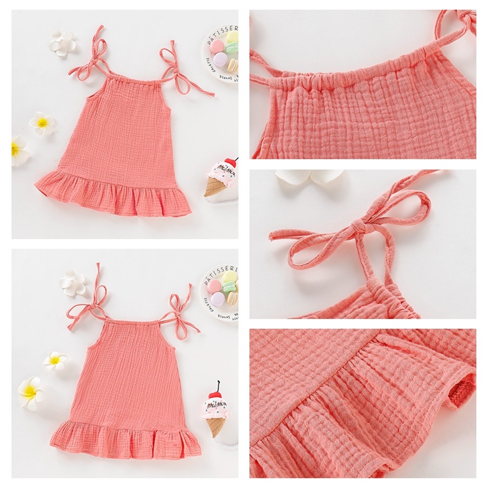 Đầm hai dây MIKRDOO bằng vải lanh cotton màu trơn dễ thương thời trang mùa hè cho bé gái 1-5 tuổi