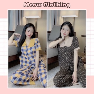 Đồ bộ mặc nhà pijama tay ngắn quần dài cổ bèo chất liệu mango - meow clothing