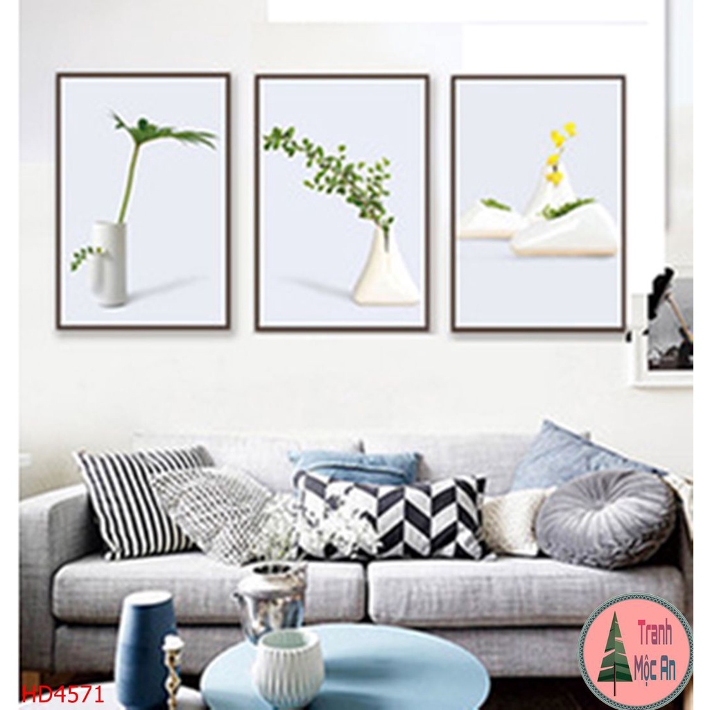 ⚡️HOT⚡️size bé  Bộ 3 tranh hoạ tiết bình hoa cao cấp Treo Tường Tráng gương trang trí phòng khách