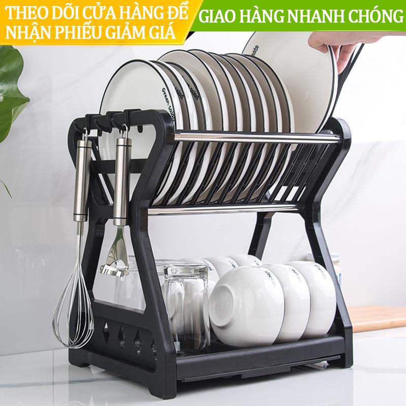 ∏✹✟Giá úp bát 2 tầng bằng nhựa khung inox siêu bền kèm ống đựng thìa muỗng đũa tiện dụng