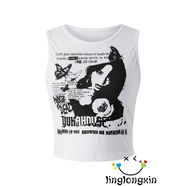 Áo Croptop Sát Nách Cổ Tròn In Chữ Và Hình Bướm Thời Trang Mùa Hè Cho Nữ Y2K
