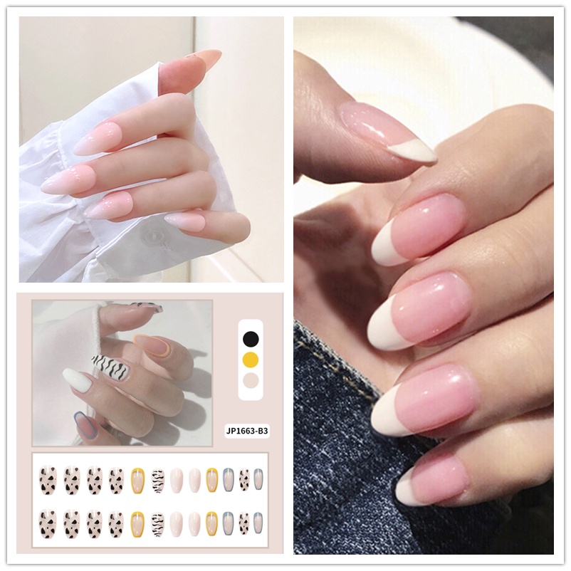 【24pcs】24/Pcs DIY Fake Nails French Finger Nail Art False Nail Wearable Nails European and American Style Fake Nails