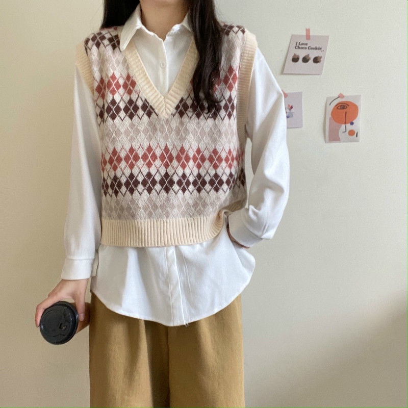 Áo Dệt Kim Không Tay Dáng Rộng Hoa Văn Kẻ Ô Phong Cách Hàn Quốc Dành Cho Nữ