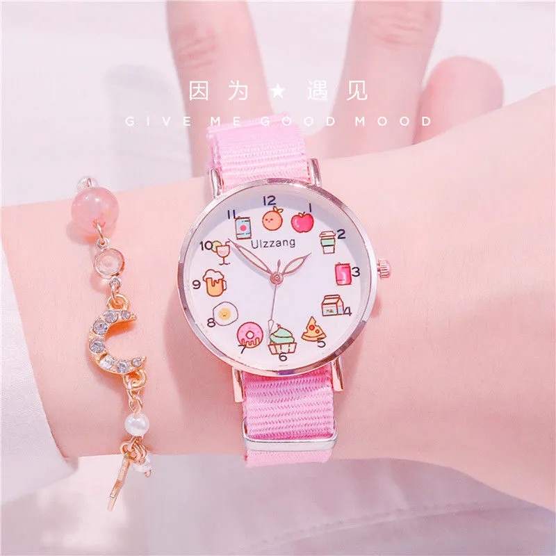 Đồng hồ nữ dây vải canvas mặt hình thức ăn dễ thương