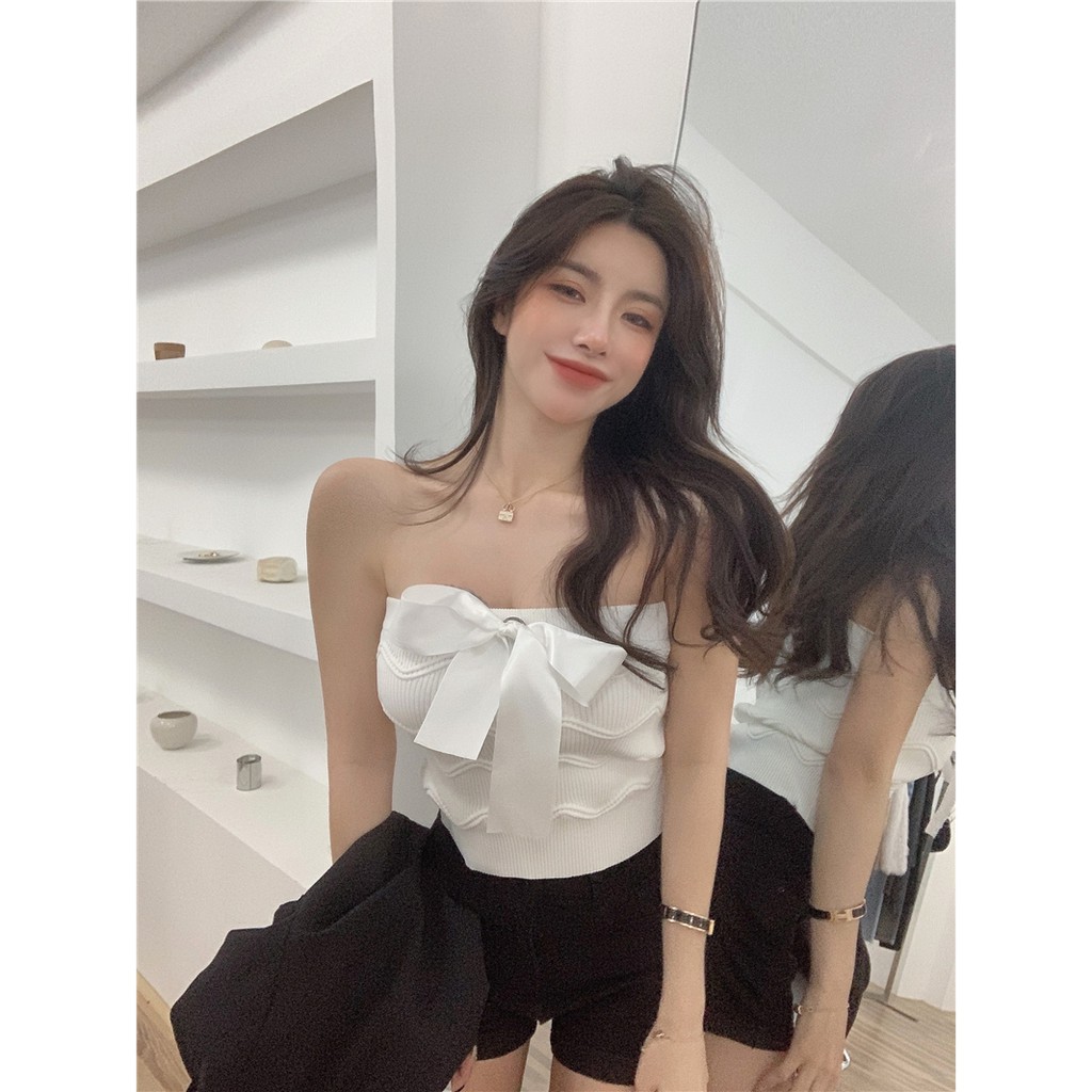 Áo không tay SUXI dệt kim phối nơ thời trang cho nữ