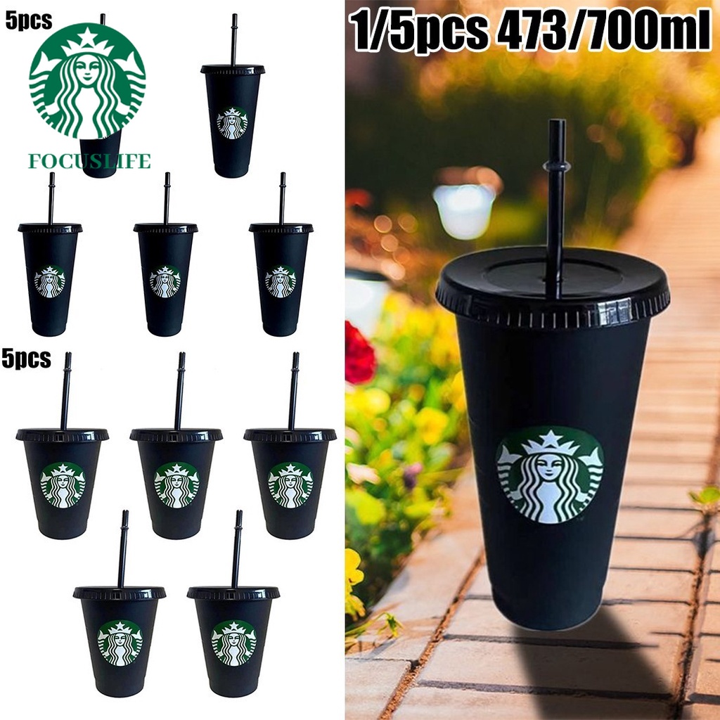 Cốc uống nước Starbucks bằng nhựa màu đen có nắp đậy và ống hút