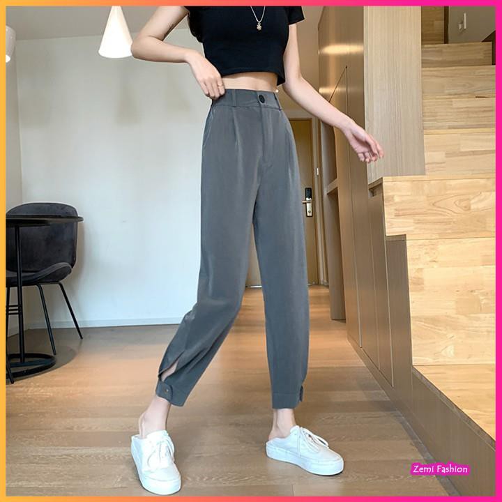 Quần baggy nữ cạp cao dáng rộng có khuy bo gấu phong cách quần ulzzang | BigBuy360 - bigbuy360.vn