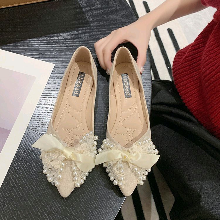 GIày bệt búp bê nữ mũi nhọn họa tiết trang trí ren nơ đính ngọc trai cánh bướm công chúa xinh xắn &D11