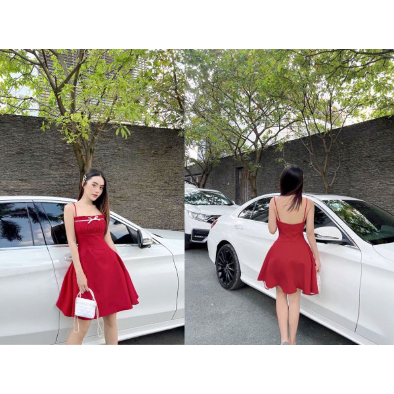 Đầm Xoè 2 Dây Xếp Ly Ngực Nơ Nhí