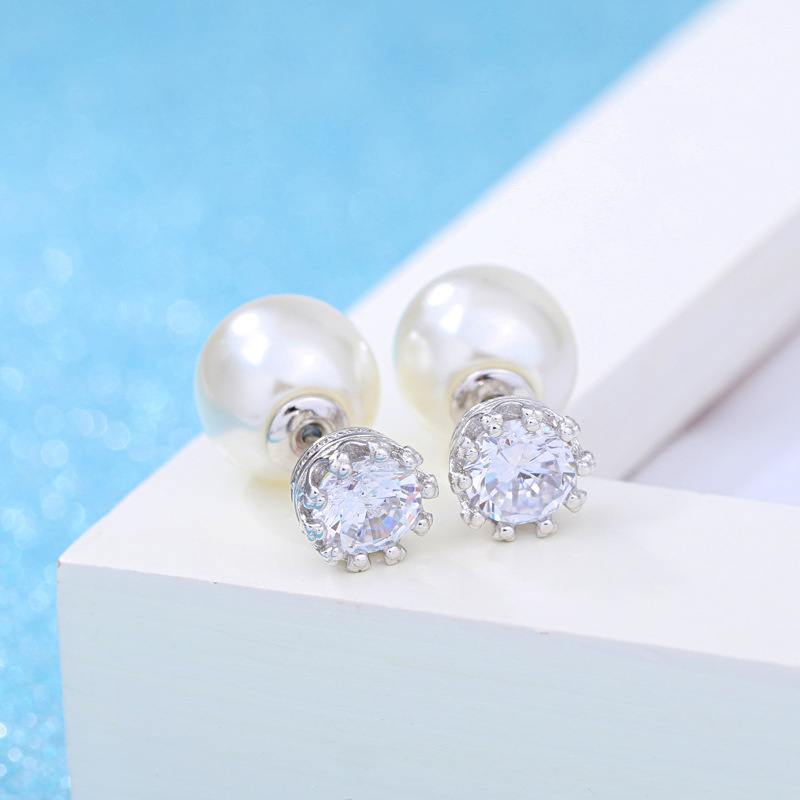 Khuyên tai chốt bạc 925 khảm hạt ngọc trai và đá quý hai mặt hình vương miện thanh lịch thời trang cho phái nữ