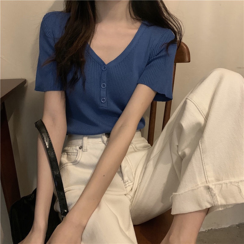Áo Dệt Kim Tay Ngắn Cổ Chữ v Dáng Ôm Thời Trang Mùa Hè Phong Cách Hàn Quốc 2022 Cho Nữ