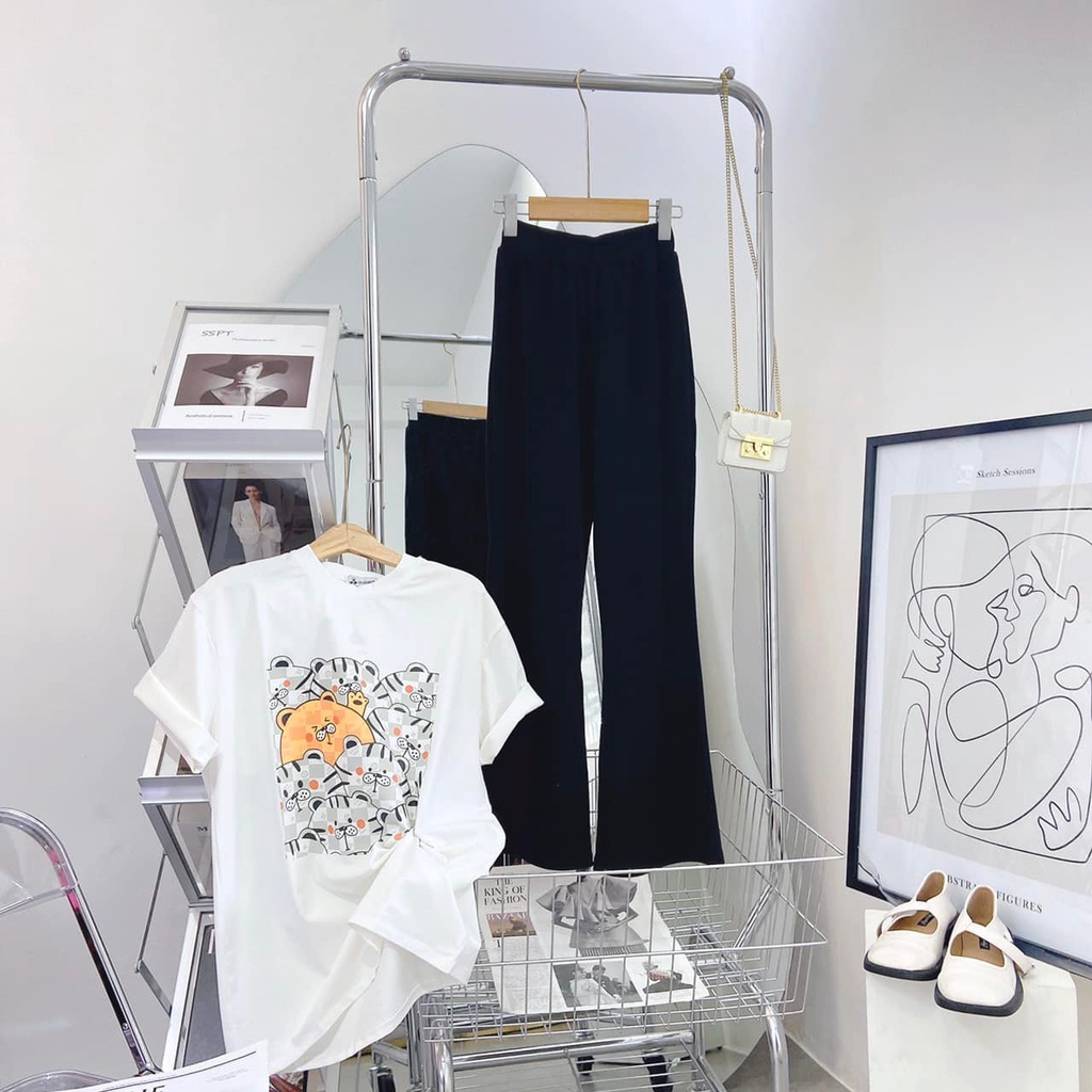 Set áo pull thun hình mèo tay ngắn trắng + quần dài đen ống pass loe lưng cao ulzzang
