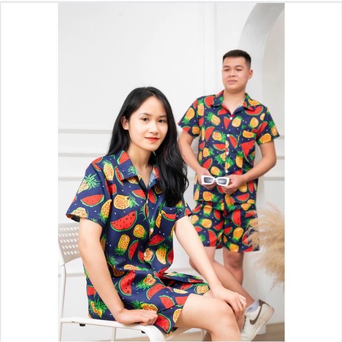 Bộ ngủ, đồ bộ hè nam nữ hoạ tiết pijama ngắn tay mặc nhà chất kate thái thoáng mát GT2