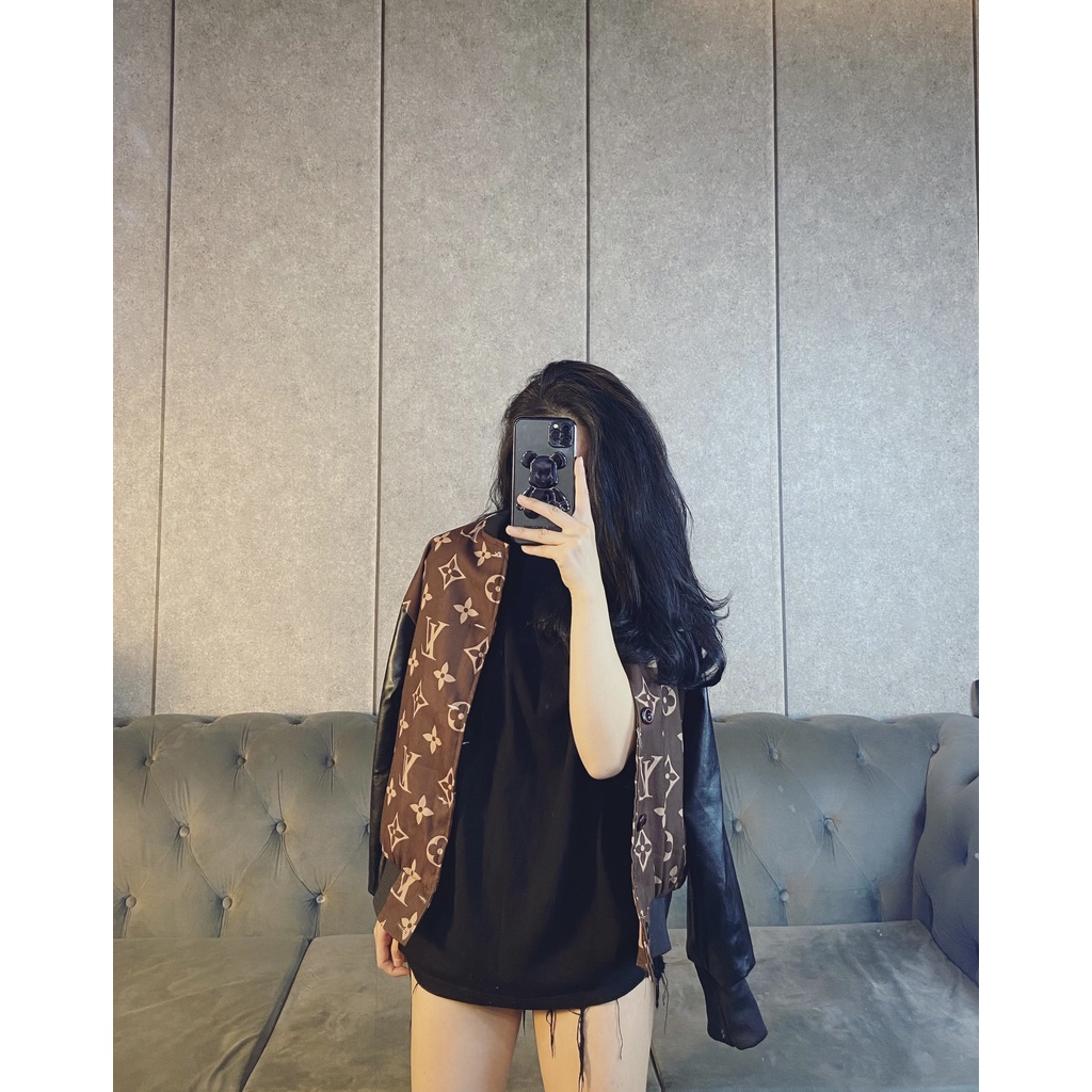 Áo Khoác Bomber LV Kaki Nỉ Mềm Phối Tay Da Unisex