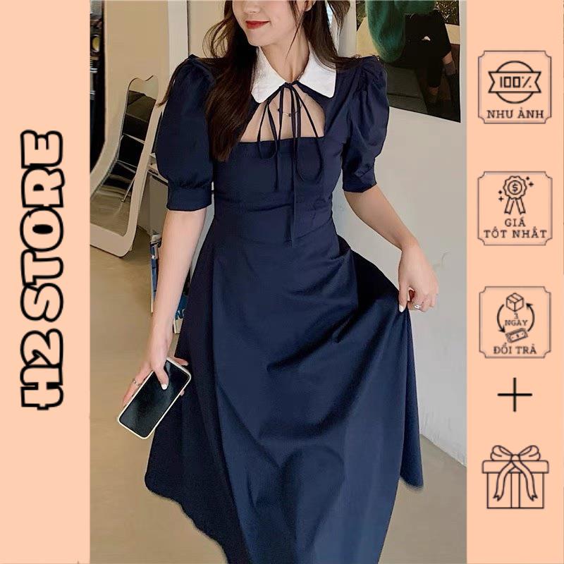 Váy phối cổ cut out bèo vai thắt dây cổ xinh vintage đủ size S M L Huyen hip