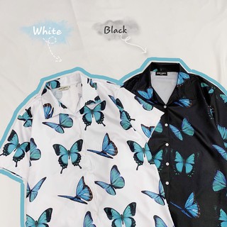 Áo sơ mi tay lỡ 🔸 CỰC ĐẸP 🔸 áo sơ mi in họa tết bướm xanh V1 Unisex (Trắng/Đen) - B03