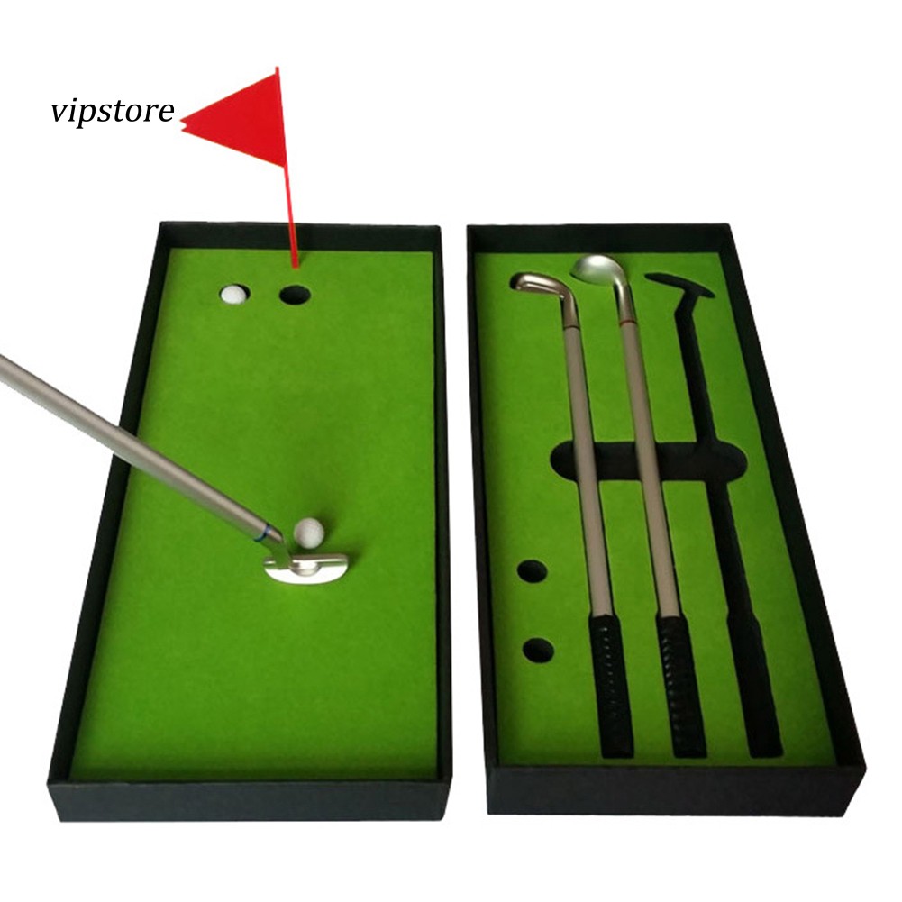 Mini Course Desktop Golf Club Ball Putting Green Flag Ballpoint Pen Set