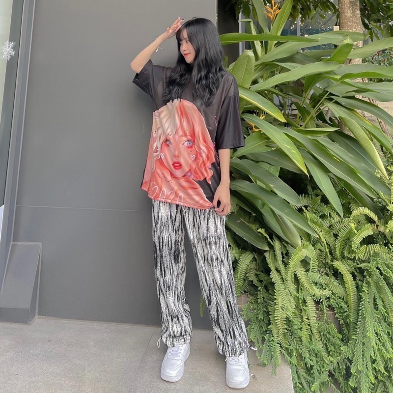 Set Bộ Quần LongPant 3D Sọc Hoạ Tiết Áo Thun Tay Lở Cô Gái Ảnh Thật