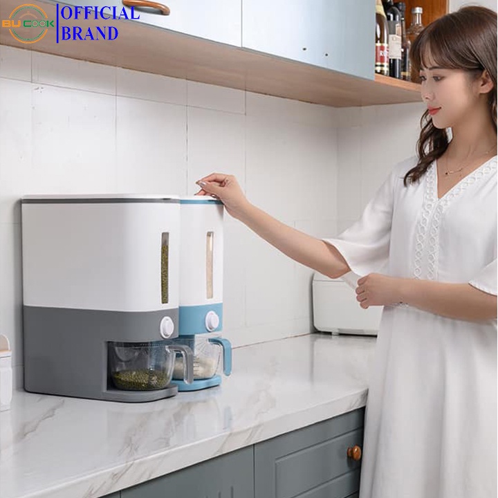 Thùng Đựng Gạo Thông Minh 12Kg BUCOOK - Thùng Đựng Gạo Chống Ẩm Mốc, Côn Trùng Có Kèm Cốc Đong Vo Gạo