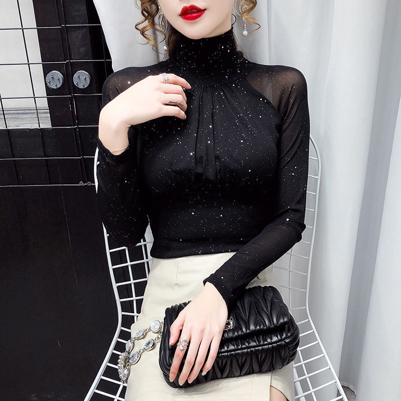 Áo Kiểu Tay Dài Phối Ren Lưới Phong Cách Vintage Pháp Quyến Rũ