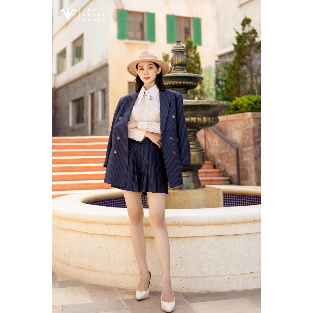 Bộ vest nữ xanh navy kẻ sọc phối chân váy, 6 khuy 2 túi, suits chuẩn form sartorial The Suits House