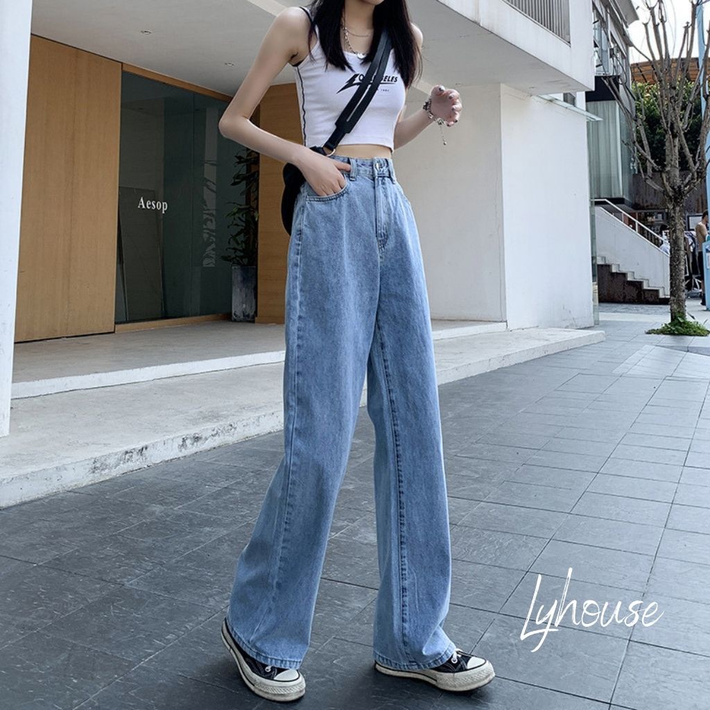 Quần jean nữ ống suông rộng màu đen trơn cơ bản cạp lưng cao quần bò suông phong cách thời trang hàn quốc QJ02