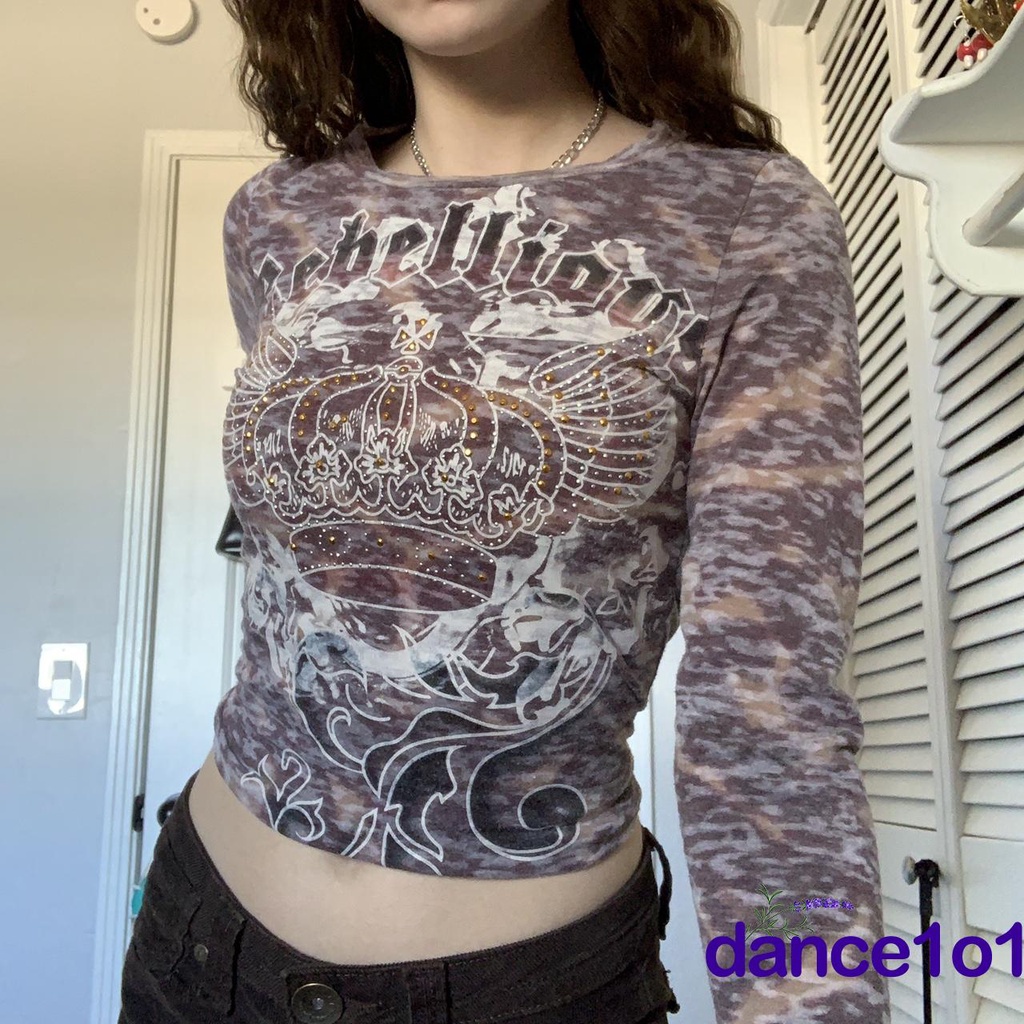 Áo thun tay dài dáng ôm nhuộm màu hình vương miện phong cách Gothic cho nữ