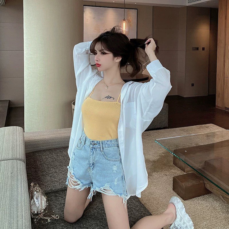 Áo Sơ Mi Nữ From Rộng CHIPY Chất Đũi Kiểu Công Sở Dài Tay Phồng 2 Túi Dáng Dài Hàn Quốc Vải Lụa Màu Trắng Cổ Đức Vintage | BigBuy360 - bigbuy360.vn