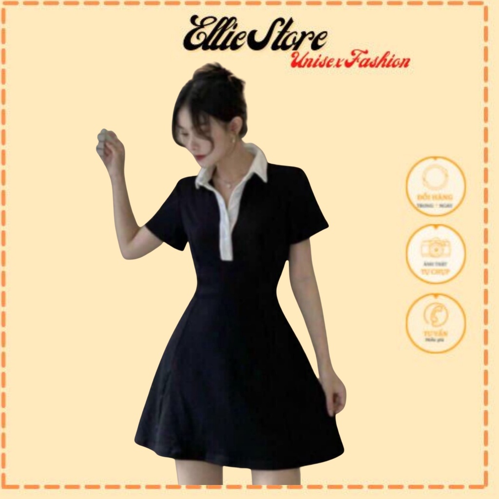 Váy đen body cổ vest trắng, Ellie Store_ Có Ảnh Đánh Giá + Video Sản Phẩm MÃ 166