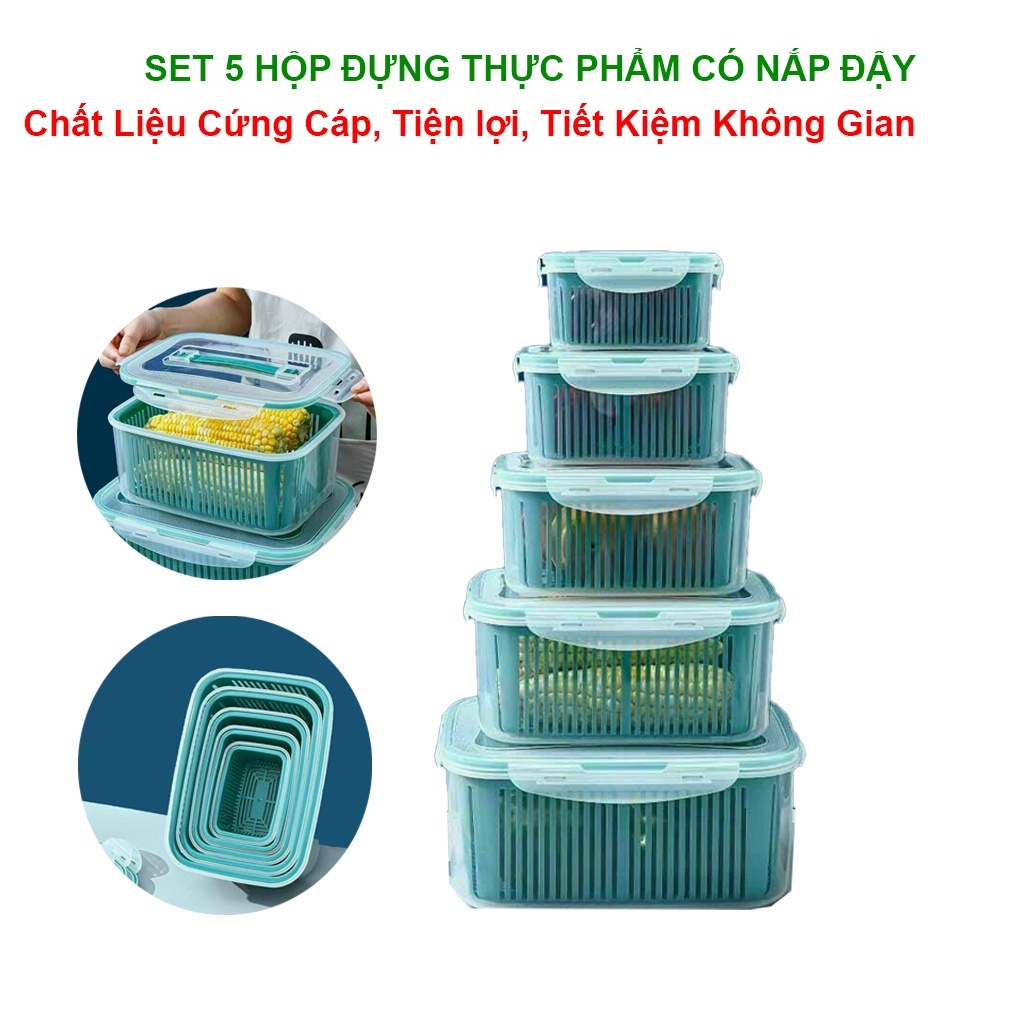 SET 5 HỘP ĐỰNG THỰC PHẨM ĐỂ TỦ LẠNH ĐA NĂNG 2 LỚP CAO CẤP