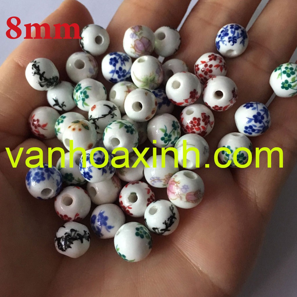 2 hạt gốm tròn hoa văn đẹp size 8-10mm, chọn size