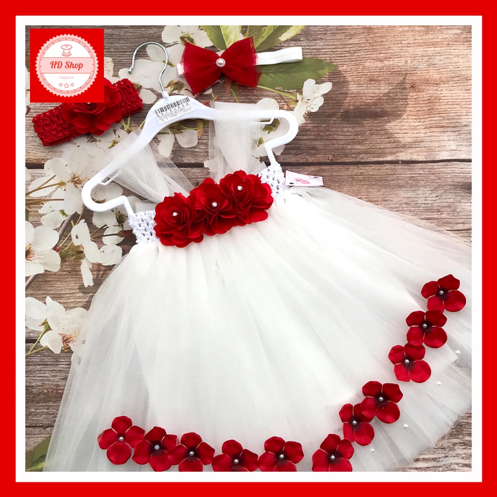 Đầm trẻ em gái, đầm công chúa cho bé gái  trắng đính hoa hồng đỏ tú cầu