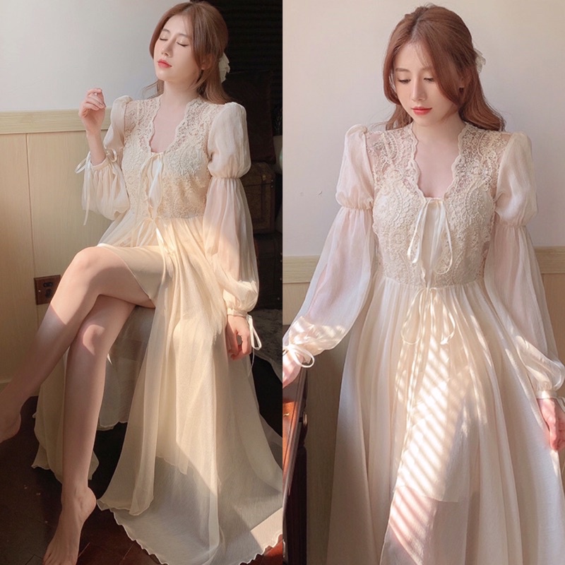 Đồ Ngủ Voan Style Tiểu Thư- Đầm Voan Kèm Áo Khoác Dáng Suông Phối Ren Tay Phồng Công Chúa Quảng Châu