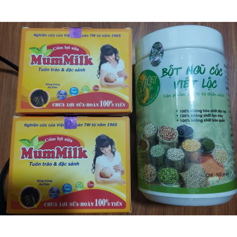 Combo lợi sữa sau sinh gồm ngũ cốc lợi sữa việt lộc và cốm lợi sữa mummilk, giúp tăng tiết sữa, sữa thơm, dinh dưỡng hơn