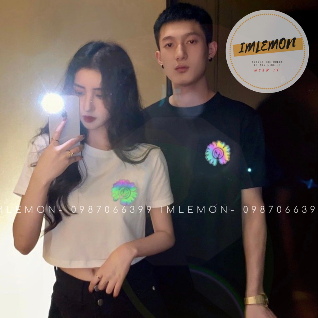 Áo Thun Nam Nữ Phản Quang BÔNG HOA TIA SÉT Couple – Team 2 Kiểu Croptop và Áo Thun Tay Lỡ Form Rộng