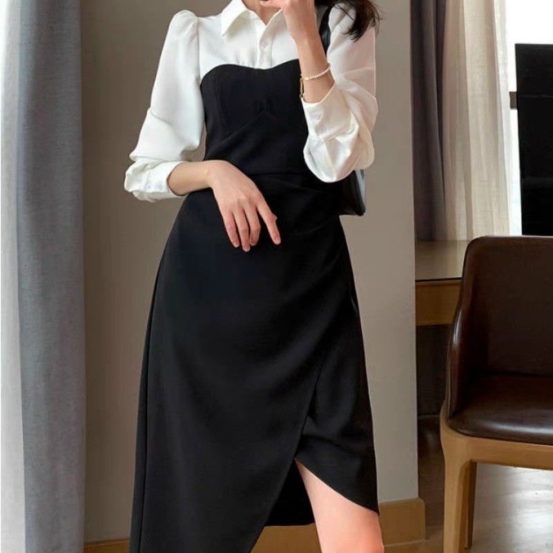 ĐẦM ĐEN NHÚN XẾP LI HÔNG LỆCH VẠT PHỐI CỔ SƠMI TRẮNG TAY DÀI KÈM ẢNH THẬT | BigBuy360 - bigbuy360.vn